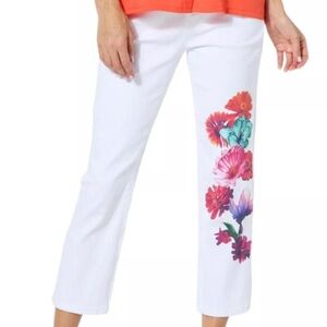 DG2 by Diane Gilman Red and White Cropped Jeans with Floral Embellishment